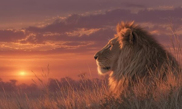 Majestic lion with a flowing mane overlooking a serene sunset in the wild during a video
