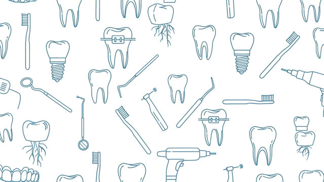 Dental Care Tools Pattern With Teeth Illustrations, Toothbrushes, Drills, Implants And Dental Instruments