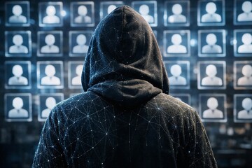 Hooded figure observing digital profiles on computer screen