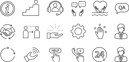Customer support and service icon collection with helplines, communication symbols, assistance gestures, agents, tools, and business support concepts