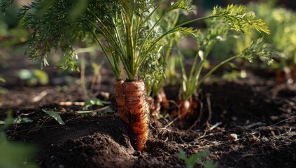 Obraz premium Vibrant Organic Carrot Emerging from Rich Soil in a Sunny Home Garden.