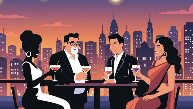 Elegant Rooftop Gathering - Friends Enjoying Drinks with City View.