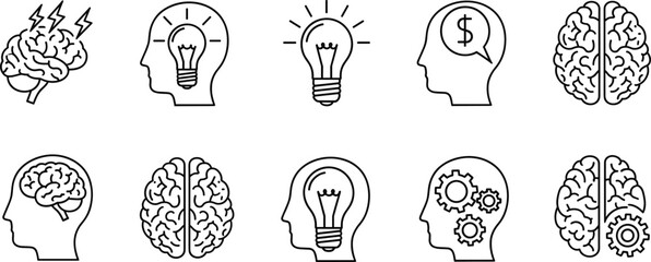 Brain and creative thinking icon collection featuring ideas, light bulbs, innovation, cognition, gears, motivation, and problem-solving symbols