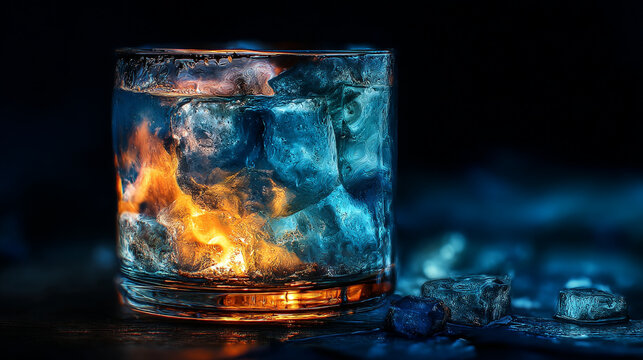 Glass of water with internal fire and ice cubes against a dark background