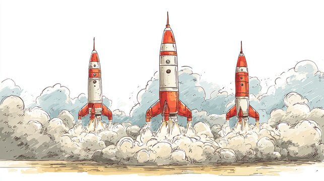 Retro comic style illustration of three colorful rockets launching with smoke clouds