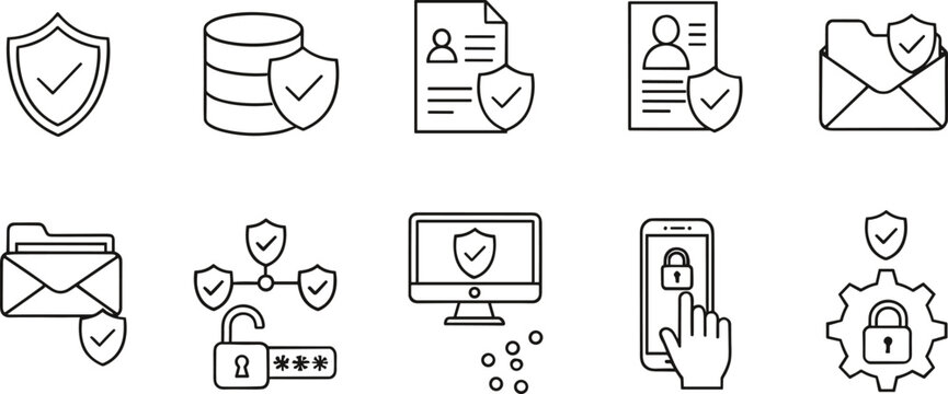 Cybersecurity and data protection icon collection featuring shields, secure files, encryption, passwords, devices, and privacy technology symbols