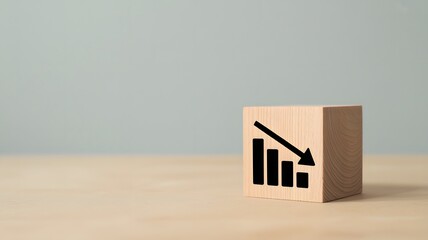 Minimalist business concept with a wooden block displaying a downward bar graph, symbolizing financial recession, market decline, or economic crisis