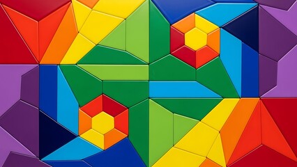Vibrant geometric pattern featuring a colorful tessellation of abstract shapes and rainbow hues