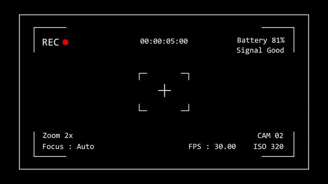 High tech CCTV surveillance monitor interface overlay featuring advanced digital UI elements, recording frame markers, timecode, and CAM 2 camera label on a clean black background.