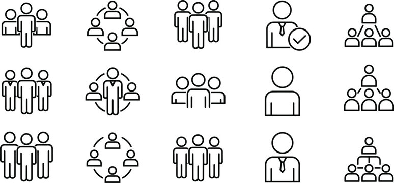 Team and leadership icon collection featuring groups, management, collaboration circles, hierarchy symbols, business people, and organizational designs