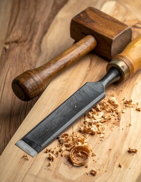 Woodworking chisel and a wooden mallet on a half-carved oak plank, professional craft