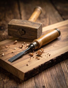 Woodworking chisel and a wooden mallet on a half-carved oak plank, professional craft