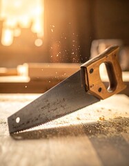 Classic hand saw with a wooden handle, teeth in focus, sawdust in the air, warm works