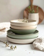 A stack of matte-finished ceramic plates in earthy tones (beige, sage green), minimal