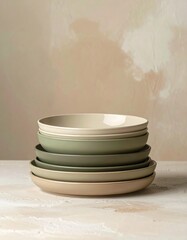 A stack of matte-finished ceramic plates in earthy tones (beige, sage green), minimal