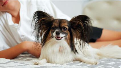 Happy papillon dog lying on bed at home with owner nearby. Cute small breed looking at camera. Concept of pet care, love, companionship, domestic lifestyle, cozy home, animal wellbeing and friendship.