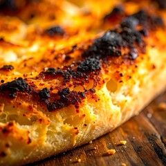 Charred pizza crust edge macro on rustic wood board warm light