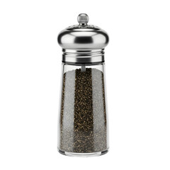 Glass pepper shaker with silver lid, isolated on white or transparent background, PNG Format.