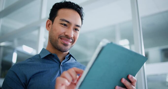 Scroll, tablet and man with smile, office and editing draft for magazine publication on web or news. Proofreading, reporter and person with tech for article, low angle and happy for story submission