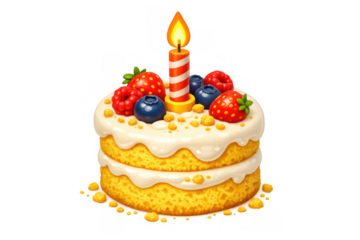 Birthday cake with a lit candle, cream icing, and fresh berries, symbolizing celebration, joy, and dessert indulgence