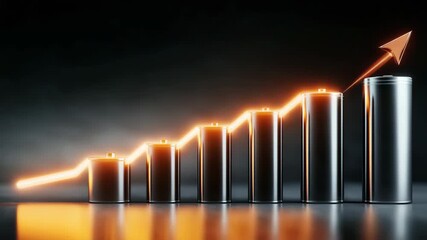 The growing battery market and investment tendency are shown by a row of cylindrical battery cells with a flashing upward arrow.