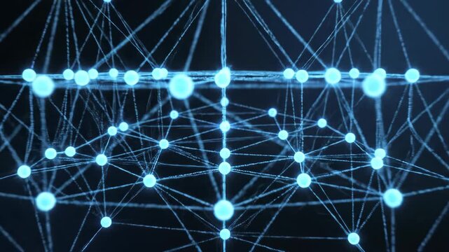 Abstract 3D network structure growing and forming from a central node, illustrating data connection, AI, and big data concepts in dark space.