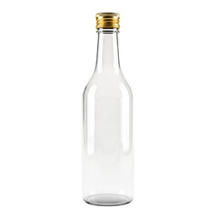 Empty glass bottle with gold cap, isolated on white or transparent background, PNG Format.