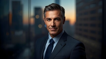 Fototapeta premium Portrait of a business executive in a formal suit with an urban background, symbolizing career success, professionalism, and corporate lifestyle.