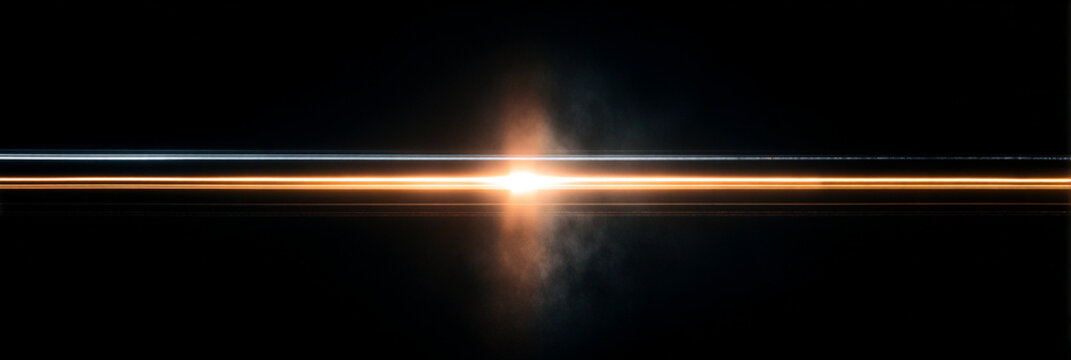 Abstract horizontal light flare and anamorphic lens streak on black background