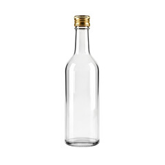 Empty glass bottle with gold cap, isolated on white or transparent background, PNG Format.