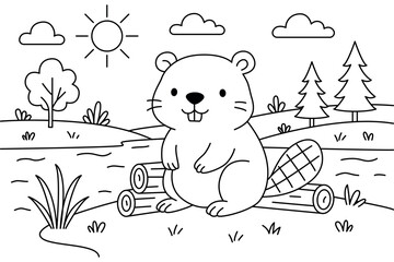 Cute beaver in nature with trees coloring page for kids