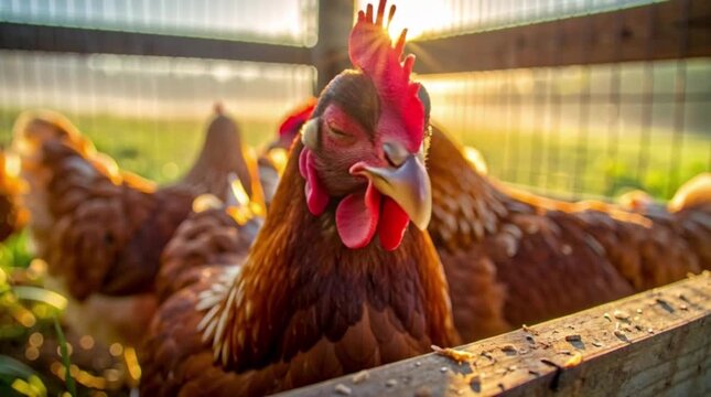 Close-up of brown hens in a free-range poultry farm at sunrise. Organic farming, sustainable agriculture, and livestock welfare in golden morning light