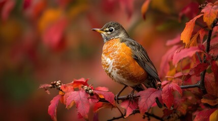 Fototapeta premium A Beautiful American Robin Perched on a Vibrant Autumn Maple Branch Surrounded by Colorful Red and Orange Leaves in a Soft Natural Light