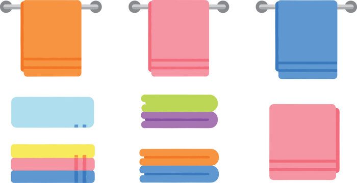 Set of colorful bath towels hanging on rails and neatly folded stacks of linens, soft cotton textile collection for bathroom and home decor.