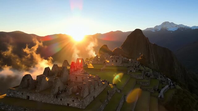 Inti Raymi background with stone temple ruins and sunrise light for Incan festival design