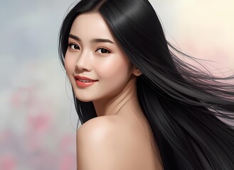 Beautiful Young Asian Woman with Long Flowing Black Hair and Radiant Smile