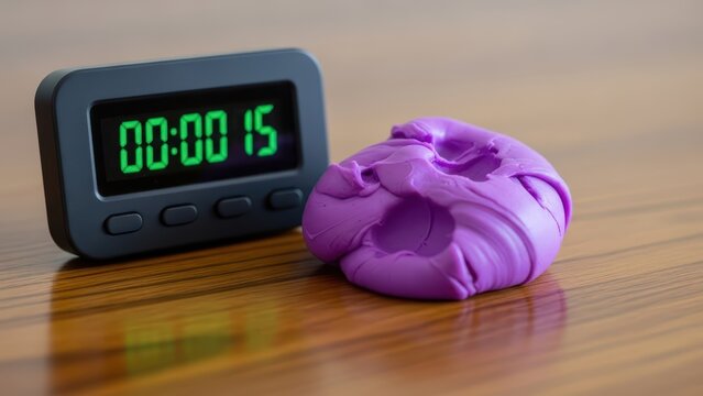 Purple putty next to digital timer displaying 15 seconds on wooden surface - Powered by Adobe