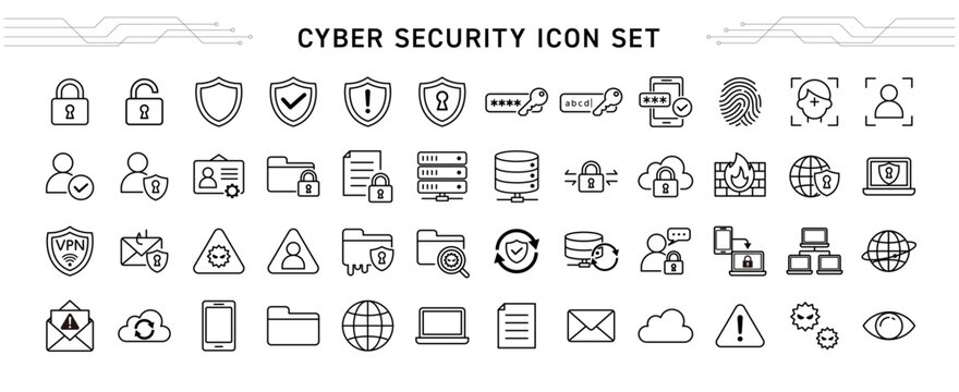 サイバーセキュリティ・情報セキュリティの線画アイコンセット｜Cyber Security Line Icons Vector