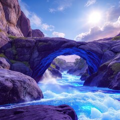 Gigantic boulders locked in motion form a natural bridge over ne