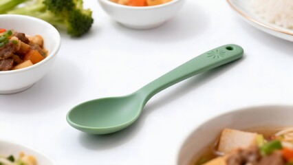Green spoon with various dishes
