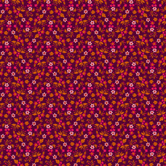 Simple floral, botanical pattern, background, fabric print Small decorative flowers, buds and leaves on a dark purple burgundy background Print on fabric Textile design Gift wrapping