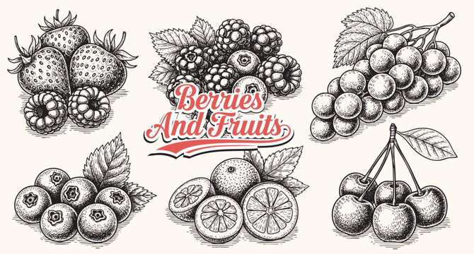 Berries and fruits drawing collection. Hand drawn berry and fruit sketch. Vector illustration. Engraved style.