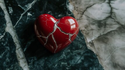 Cracked red heart-shaped object on marble surface symbolizing heart attack concept, St.Valentine, heart attack, love relations, eternal love, broken heart interpretation

