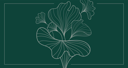 Elegant Botanical Frame with Ginkgo Line Art on Dark Green