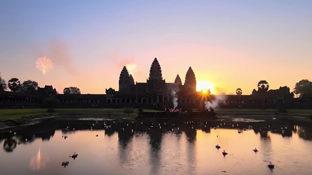 Khmer New Year background with temple silhouettes and water reflections for Cambodian festival design