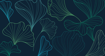 Elegant Ginkgo Line Art Floral Pattern on Dark Blue Background