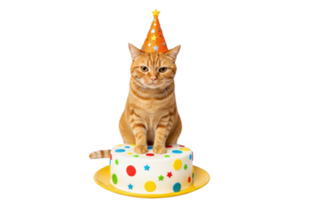 Grumpy orange tabby cat in party hat on white 'HAPPY BIRTHDAY' cake with polka dots, on yellow plate, against white background. Humorous pet birthday celebration concept