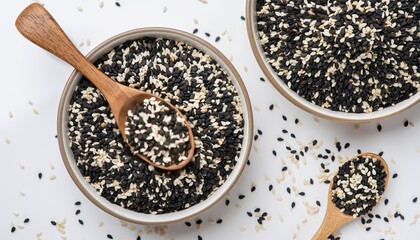 Two bowls of mixed black & white seeds, with wooden spoon