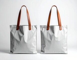 Two square silver tote bags with brown leather handles, neutral backdrop