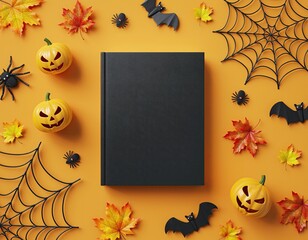 Halloween arrangement of a black book surrounded by spooky decor